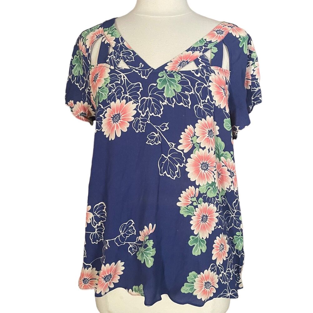 Maeve By Anthropologie Cutout Blouse Top Size 12 Boho Floral Blues Beach Coastal